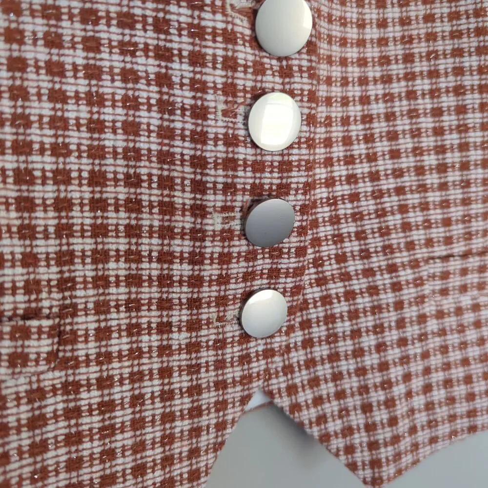 Altar'd State NWT Check Plaid Micro Vest Rust Button Front Large Preppy Menswear